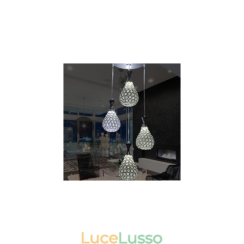 Lampada a sospensione a 4 teste in cristallo moderno contemporaneo in metallo