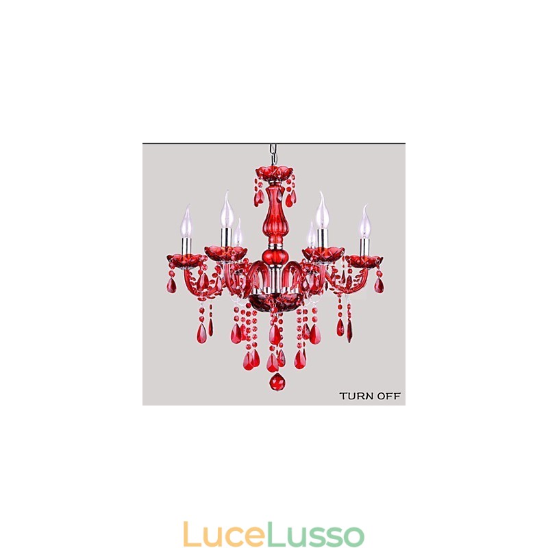 Lampadario Rosso Cristallo Lusso Moderno 6 Luci