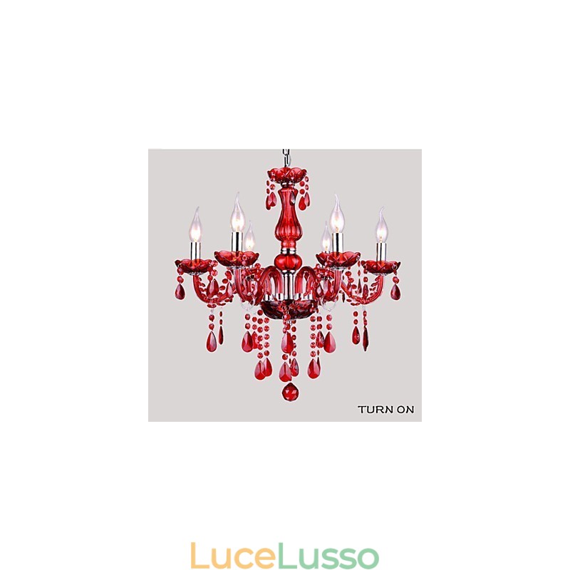 Lampadario Rosso Cristallo Lusso Moderno 6 Luci