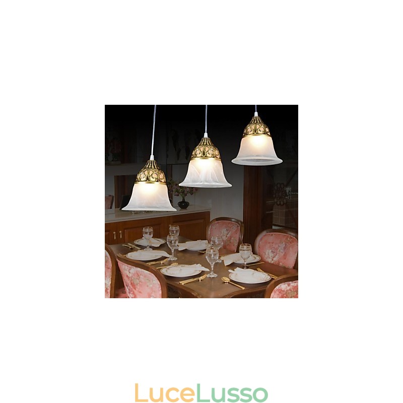 Pendente in bronzo a tre luci in vetro moiré classico europeo