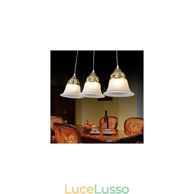Pendente in bronzo a tre luci in vetro moiré classico europeo