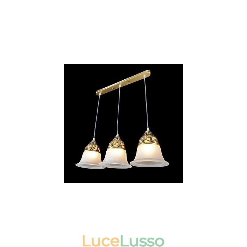 Pendente in bronzo a tre luci in vetro moiré classico europeo