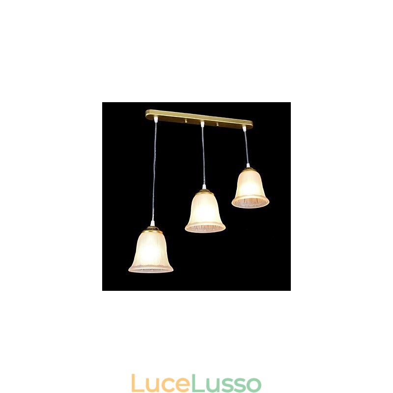 Pendente in bronzo con tre luci, paralume in vetro, modello europeo retrò classico