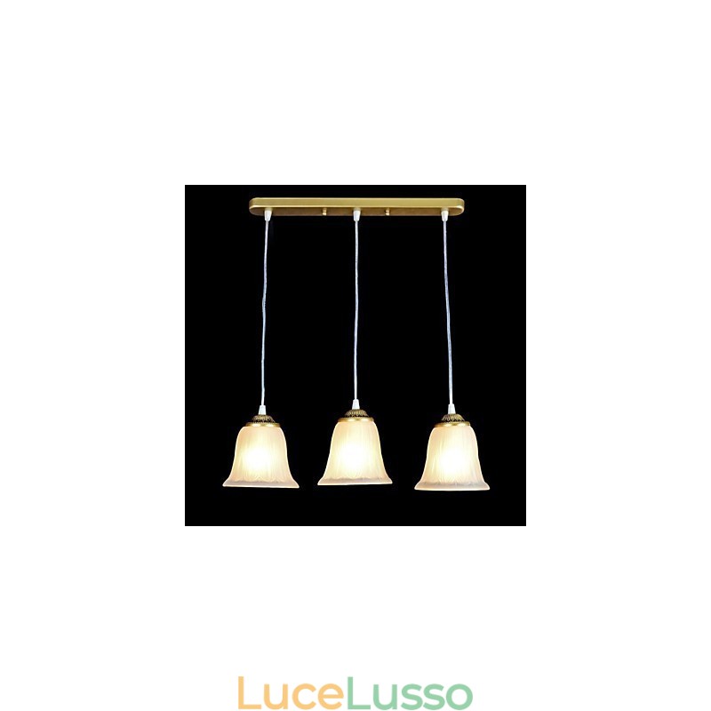 Pendente in bronzo con tre luci, paralume in vetro, modello europeo retrò classico