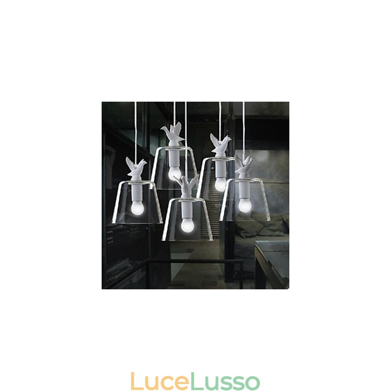 Lampadario in vetro con uccelli e anatroccoli a testa singola, lampadario per pasti
