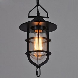 Lampada a sospensione vintage media a forma di gabbia nera con copertura in vetro e metallo