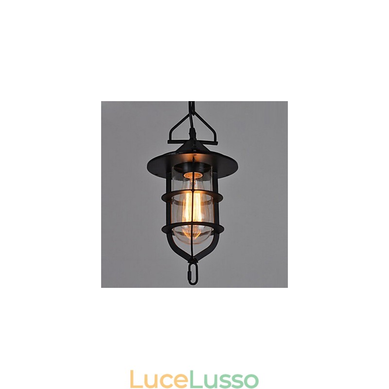 Lampada a sospensione vintage media a forma di gabbia nera con copertura in vetro e metallo