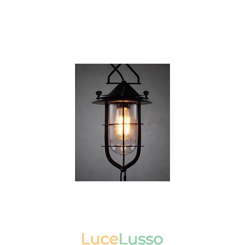 Lampada a sospensione vintage media a forma di gabbia nera con copertura in vetro e metallo