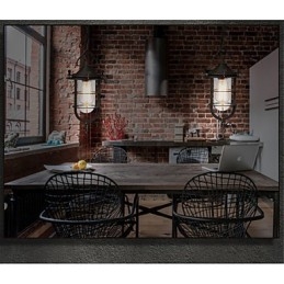 Lampada a sospensione vintage media a forma di gabbia nera con copertura in vetro e metallo