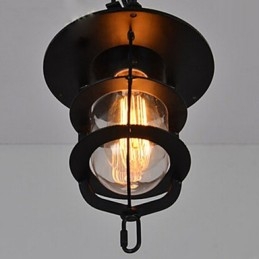 Lampada a sospensione vintage media a forma di gabbia nera con copertura in vetro e metallo