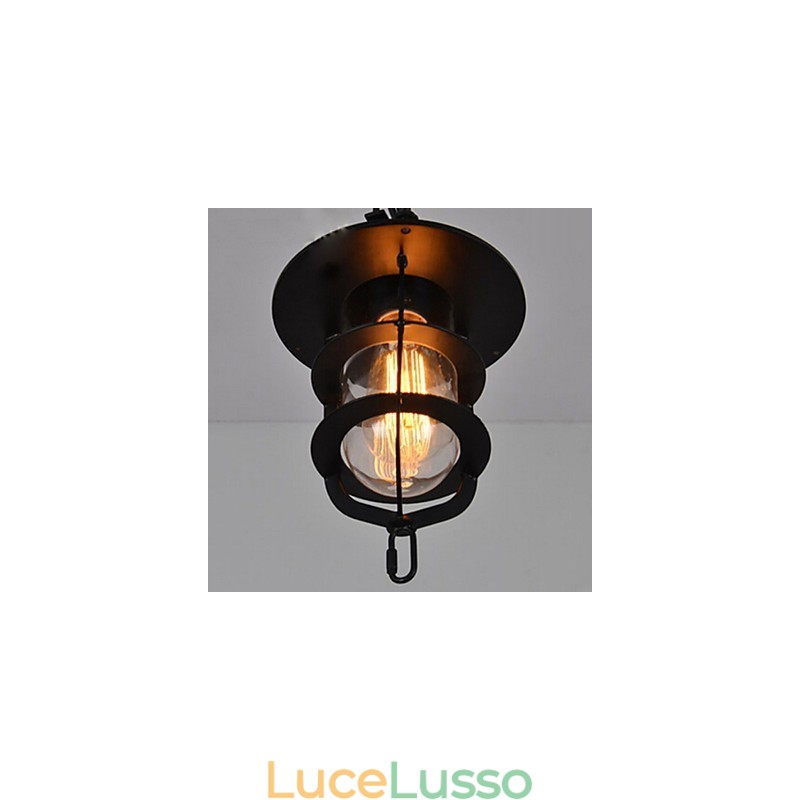 Lampada a sospensione vintage media a forma di gabbia nera con copertura in vetro e metallo