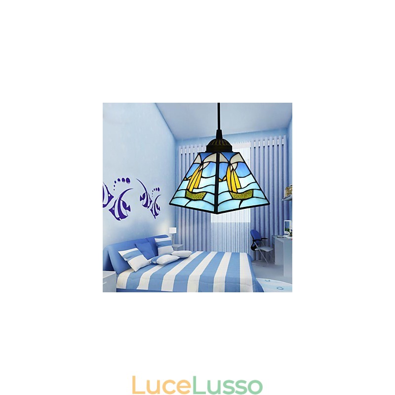 Lampada a sospensione a goccia con linea di navigazione a testa singola mediterranea contemporanea e su contratto in vetro colorato
