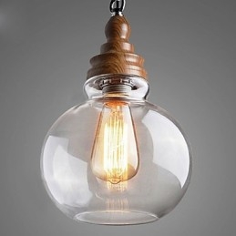 Lampada a sospensione vintage in legno con sfera di cristallo rotonda (diametro 19 cm)