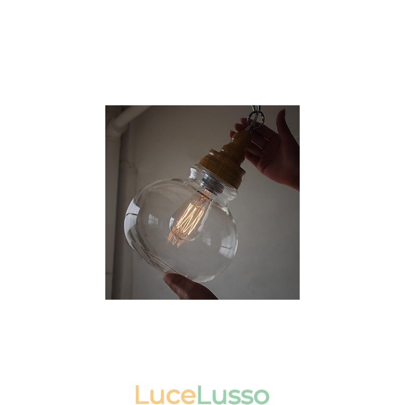 Lampada a sospensione vintage in legno con sfera di cristallo rotonda (diametro 19 cm)