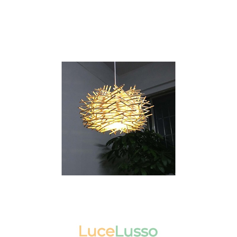 Lampada a sospensione contemporanea e contratta 1 luce in legno intrecciato a mano