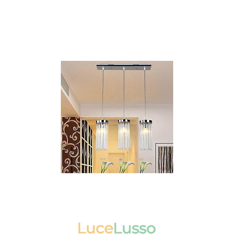 Lampada a sospensione moderna in metallo cromato e cristallo contemporaneo