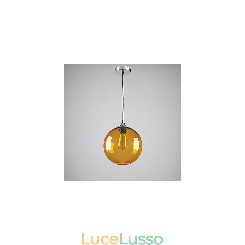 Lampada a sospensione moderna in vetro con paralume in vetro rotondo color ambra con design a bolle