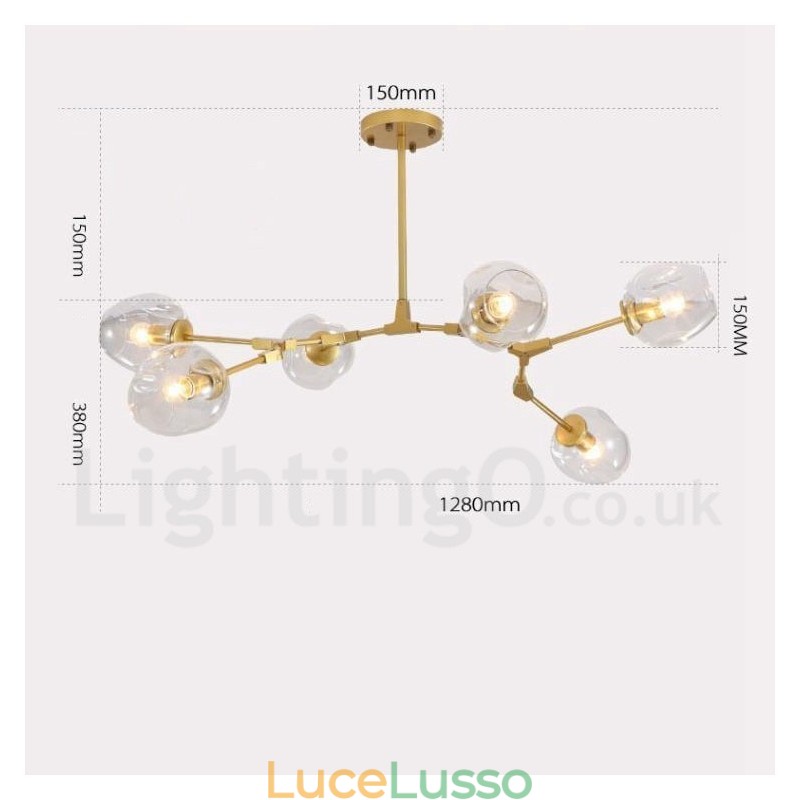 Lampadario moderno contemporaneo a 6 luci con paralume in vetro trasparente e luce