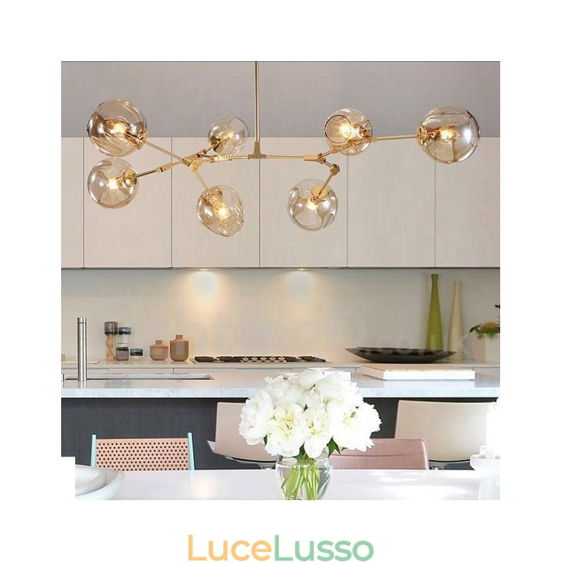 Lampadario moderno contemporaneo a 7 luci con paralume in vetro trasparente e lampada