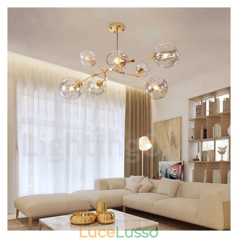 Lampadario moderno contemporaneo a 7 luci con paralume in vetro trasparente e lampada