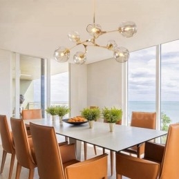 Lampadario moderno contemporaneo a 7 luci con paralume in vetro trasparente e lampada