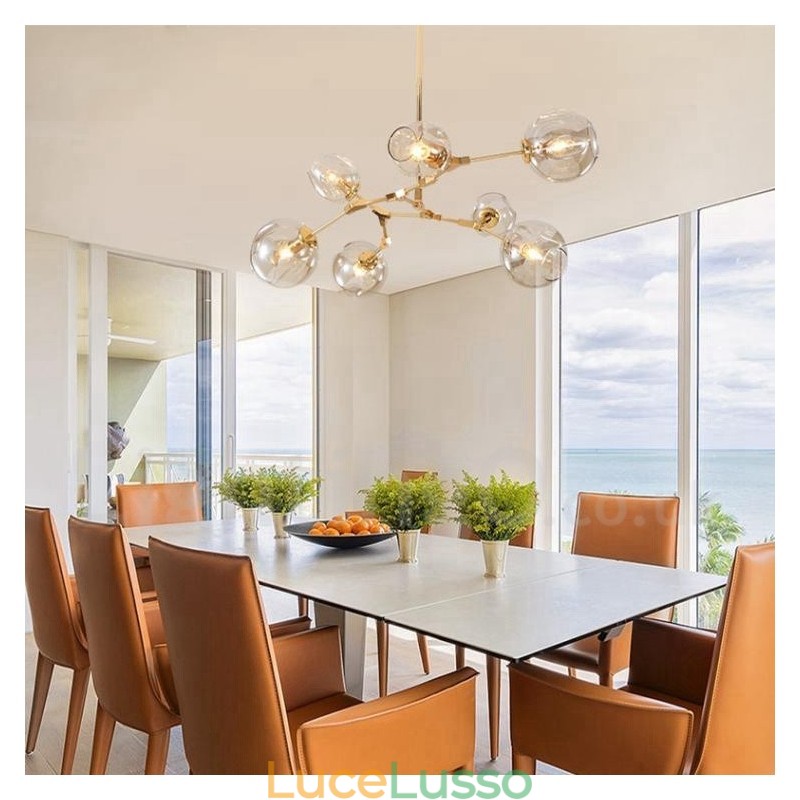 Lampadario moderno contemporaneo a 7 luci con paralume in vetro trasparente e lampada
