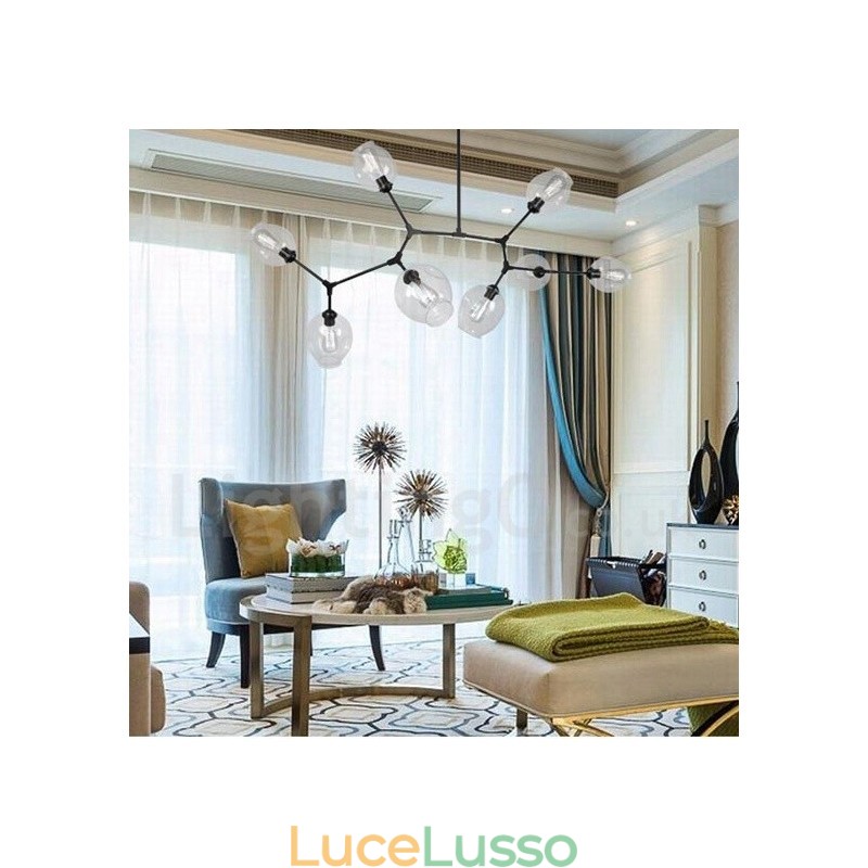 Lampadario moderno contemporaneo a 8 luci con paralume in vetro trasparente e lampada (nero dorato)