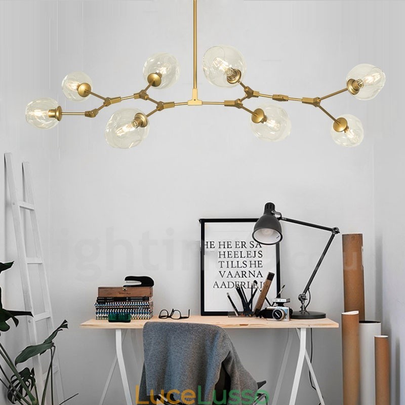 Lampadario moderno contemporaneo a 8 luci con paralume in vetro trasparente e lampada (nero dorato)