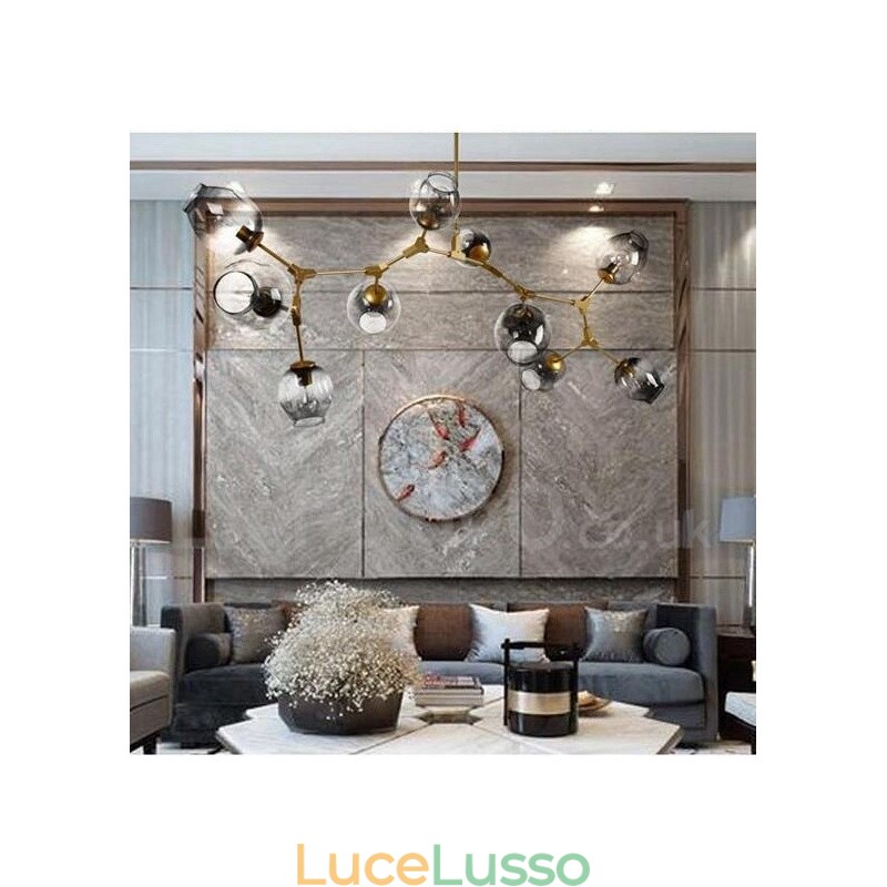 Lampadario dorato a 10 luci con paralume in vetro, stile moderno e contemporaneo