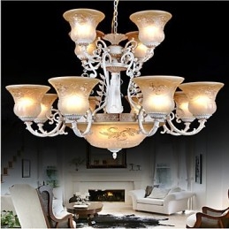 Lampadario bianco quindici luci modello paralume in vetro dorato a mano europeo retrò classico