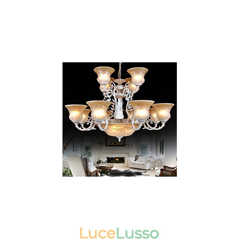 Lampadario bianco quindici luci modello paralume in vetro dorato a mano europeo retrò classico