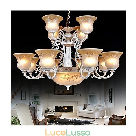 Lampadario bianco quindici luci modello paralume in vetro dorato a mano europeo retrò classico Lampadario bianco quindici luci modello paralume in vetro dorato a mano europeo retrò classico