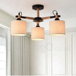 Lampadario moderno contemporaneo a 3 luci in legno a un livello con paralume in tessuto a tamburo e