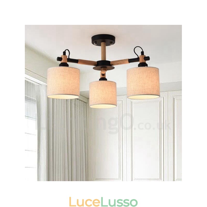 Lampadario moderno contemporaneo a 3 luci in legno a un livello con paralume in tessuto a tamburo e
