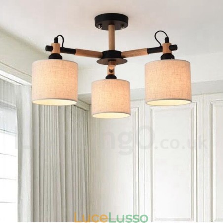 Lampadario moderno contemporaneo a 3 luci in legno a un livello con paralume in tessuto a tamburo e Lampadario moderno contemporaneo a 3 luci in legno a un livello con paralume in tessuto a tamburo e