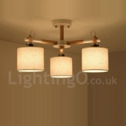 Lampadario moderno contemporaneo a 3 luci in legno a un livello con paralume in tessuto a tamburo e