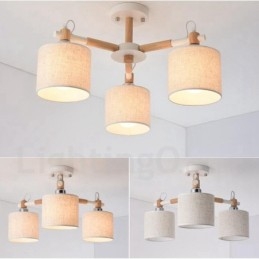 Lampadario moderno contemporaneo a 3 luci in legno a un livello con paralume in tessuto a tamburo e