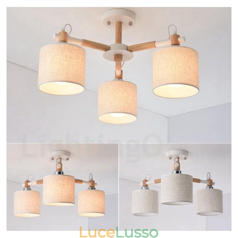 Lampadario moderno contemporaneo a 3 luci in legno a un livello con paralume in tessuto a tamburo e
