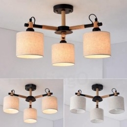 Lampadario moderno contemporaneo a 3 luci in legno a un livello con paralume in tessuto a tamburo e