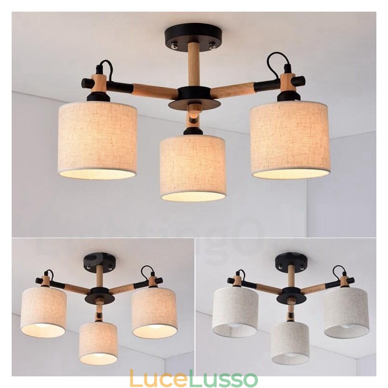Lampadario moderno contemporaneo a 3 luci in legno a un livello con paralume in tessuto a tamburo e