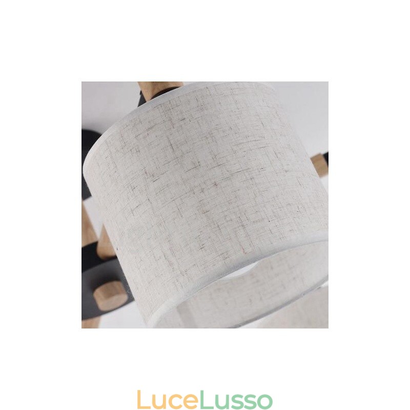 Lampadario moderno contemporaneo a 3 luci in legno a un livello con paralume in tessuto a tamburo e