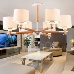 Lampadario moderno contemporaneo a 6 luci a un livello in legno con tessuto a tamburo (nero bianco)