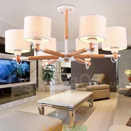 Lampadario moderno contemporaneo a 6 luci a un livello in legno con tessuto a tamburo (nero bianco) Lampadario moderno contemporaneo a 6 luci a un livello in legno con tessuto a tamburo (nero bianco)