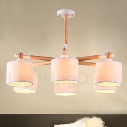 Lampadario moderno contemporaneo a 6 luci a un livello in legno con tessuto a tamburo (nero bianco)