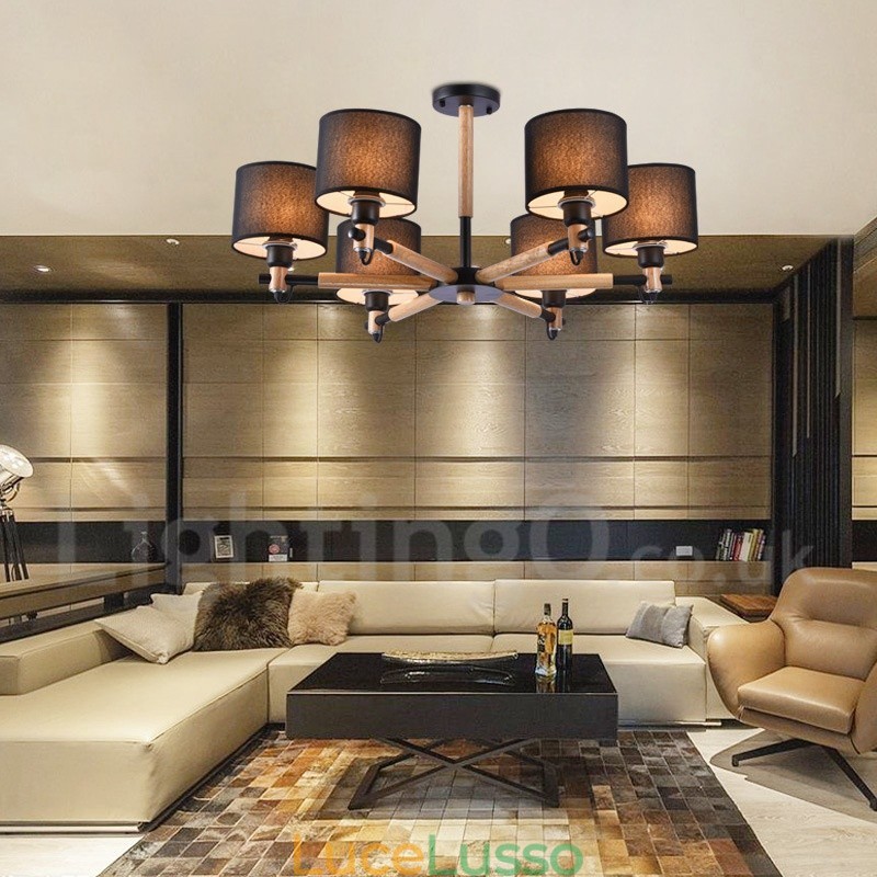 Lampadario moderno contemporaneo a 6 luci a un livello in legno con tessuto a tamburo (nero bianco)