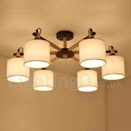 Lampadario moderno contemporaneo a 6 luci a un livello in legno con tessuto a tamburo (nero bianco)