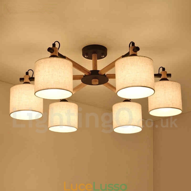 Lampadario moderno contemporaneo a 6 luci a un livello in legno con tessuto a tamburo (nero bianco)