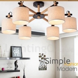 Lampadario moderno contemporaneo a 6 luci a un livello in legno con tessuto a tamburo (nero bianco)