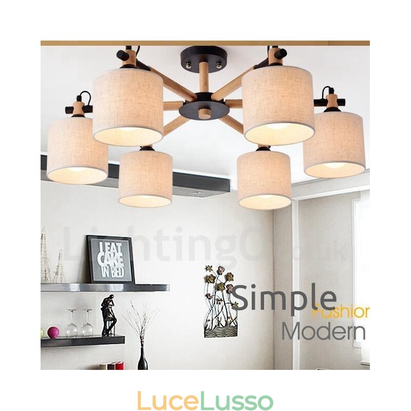 Lampadario moderno contemporaneo a 6 luci a un livello in legno con tessuto a tamburo (nero bianco)