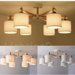 Lampadario moderno contemporaneo a 6 luci a un livello in legno con tessuto a tamburo (nero bianco)